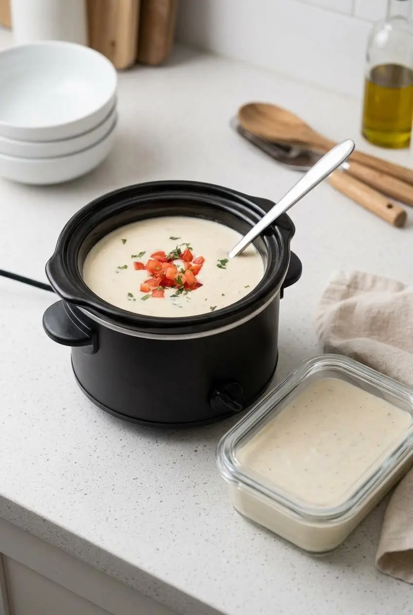 Warm queso held in a small slow cooker alongside a glass container for chilled storage.
