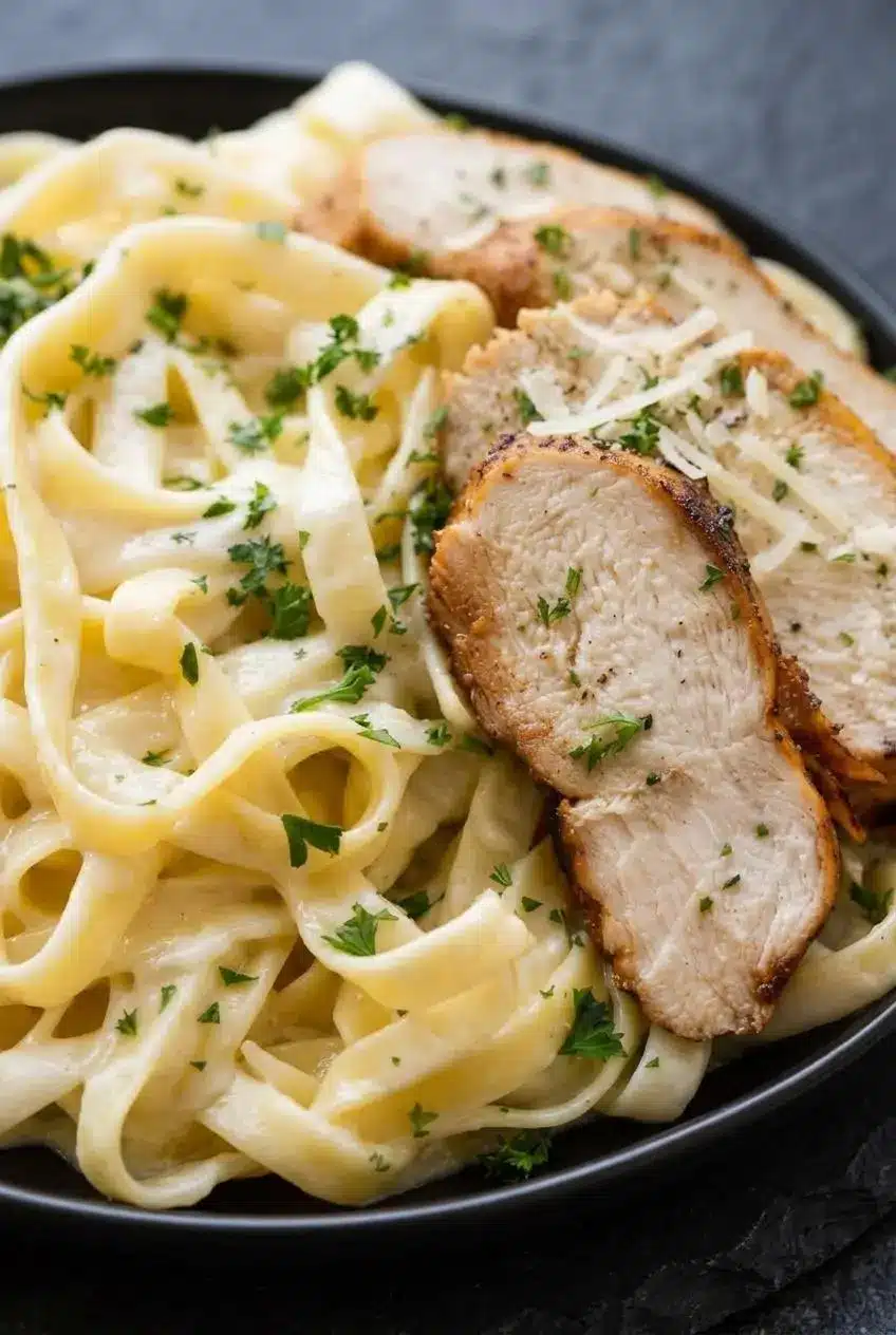 Close-up of glossy Alfredo sauce coating fettuccine pasta beside a slice of juicy pan-seared chicken breast.
