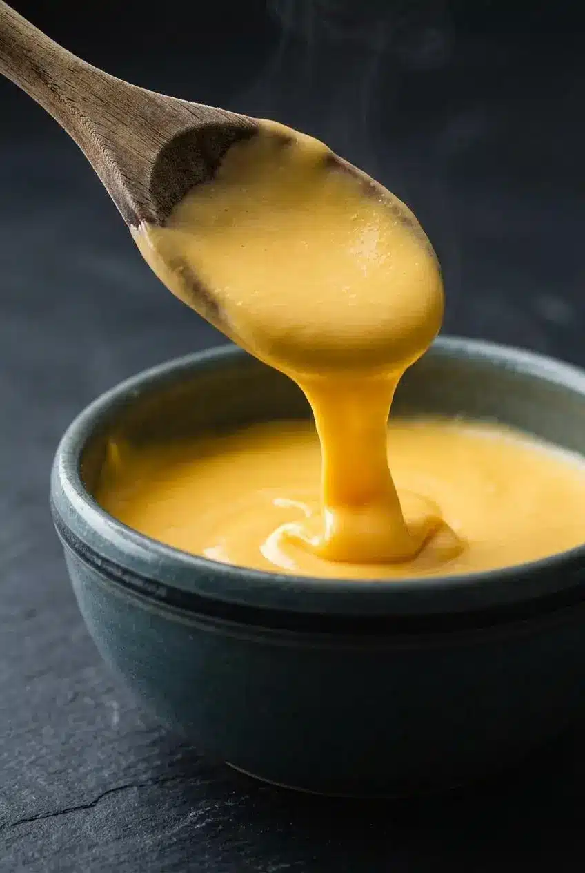 Golden cheese sauce dripping in smooth, glossy ribbons from a wooden spoon.