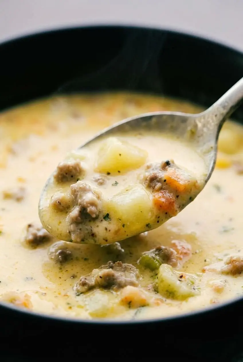 A spoonful of smooth cheeseburger soup showcasing its glossy, velvety texture with ground beef and parsley.