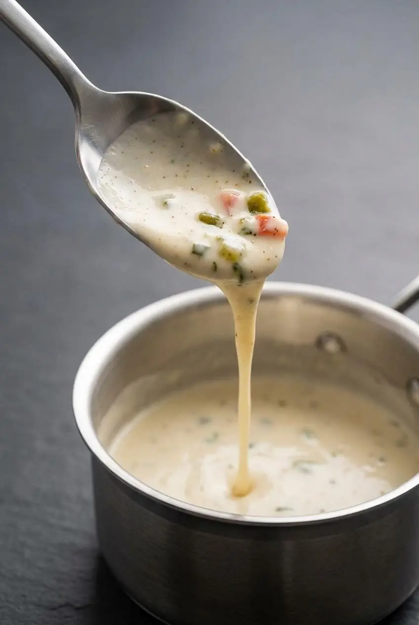 Glossy ribbon of melted white queso dip pouring smoothly from a spoon back into the pan.