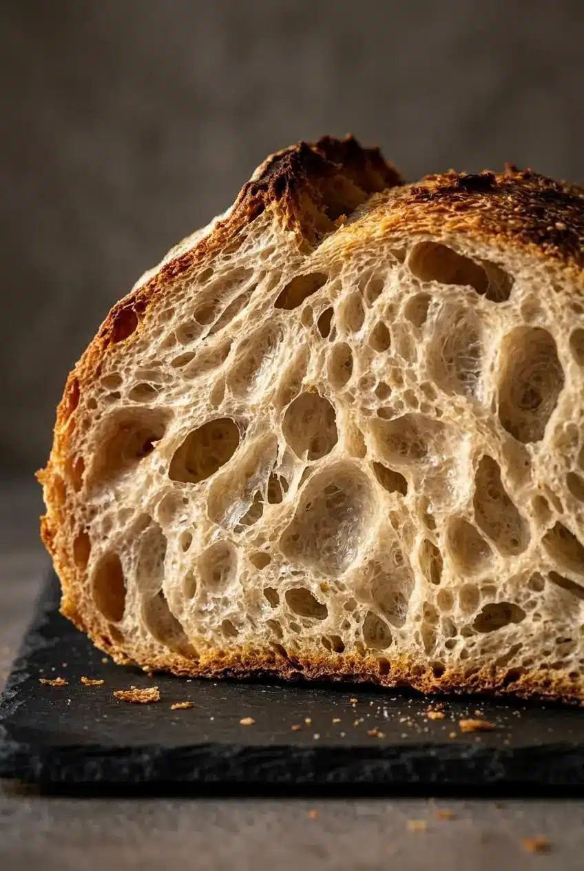 Sliced sourdough bread cross section showing an open aerated crumb and blistered ear.
