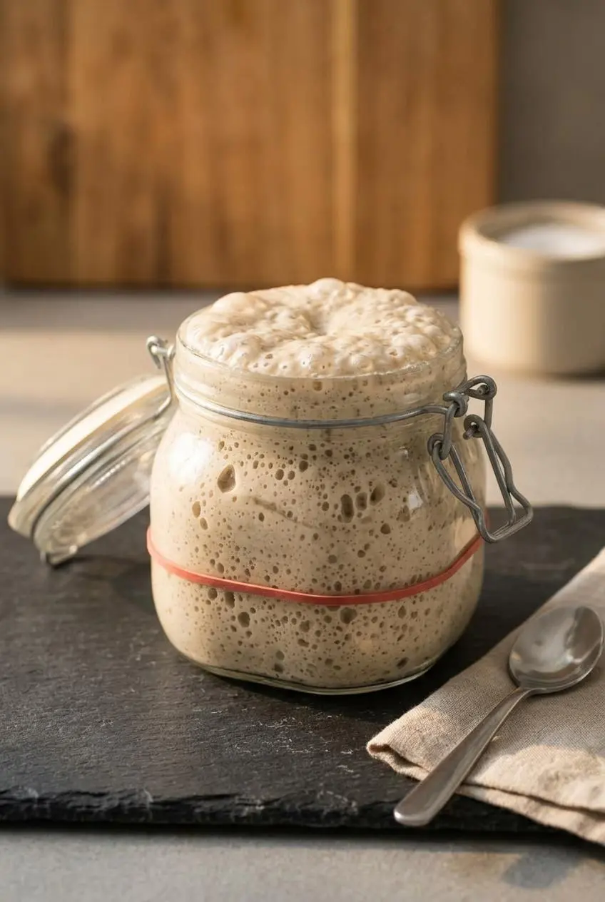 Doubled sourdough starter in a glass jar marked with a rubber band on an oak kitchen counter.