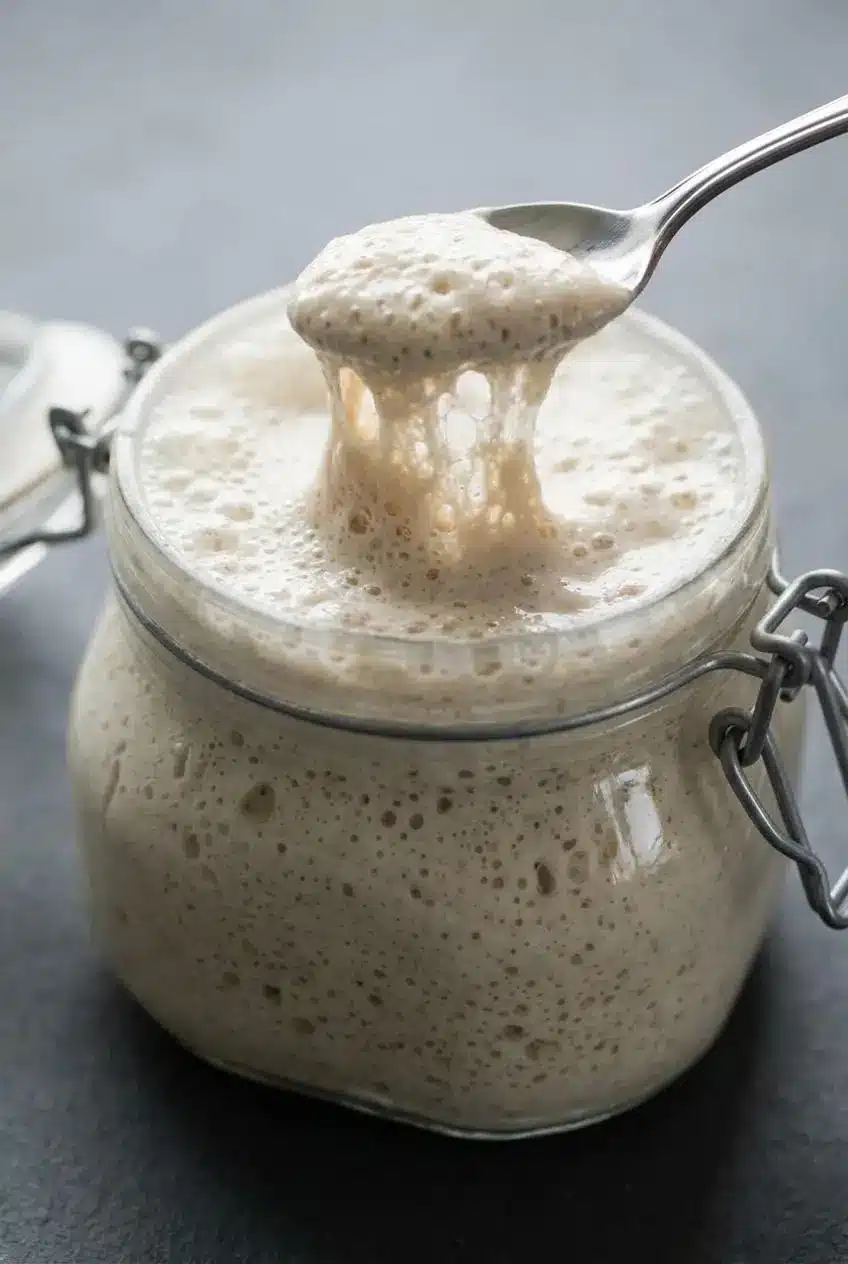 Spoon lifting airy, spongy web of bubbly active sourdough starter showing gluten strands and gas pockets.