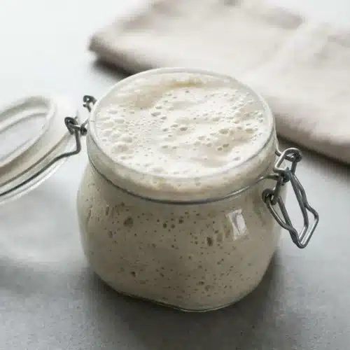 Bubbly active sourdough starter recipe rising in a clear glass jar with airy webbed fermentation bubbles.