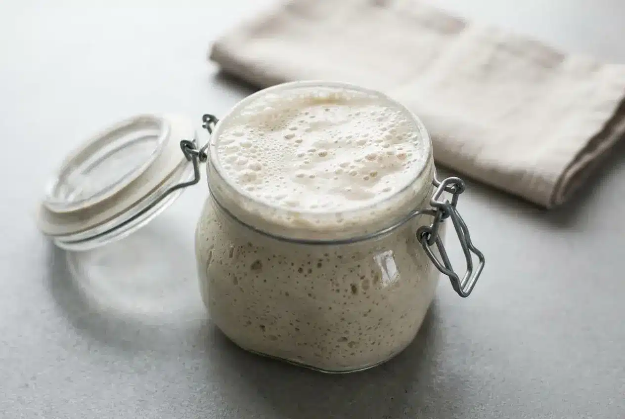 Bubbly active sourdough starter recipe rising in a clear glass jar with airy webbed fermentation bubbles.