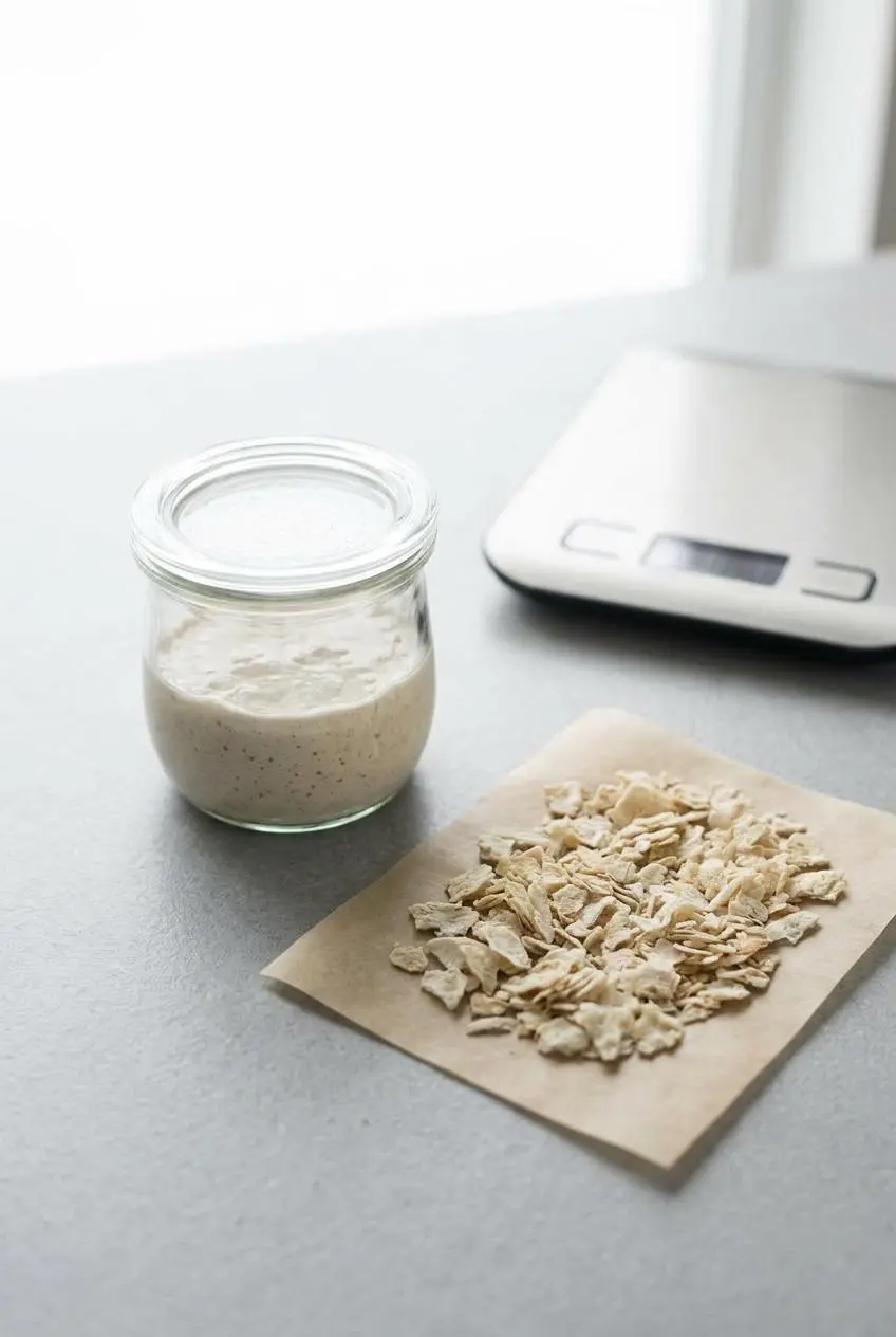 Small jar of refreshed sourdough starter beside crisp dried starter flakes on parchment paper.