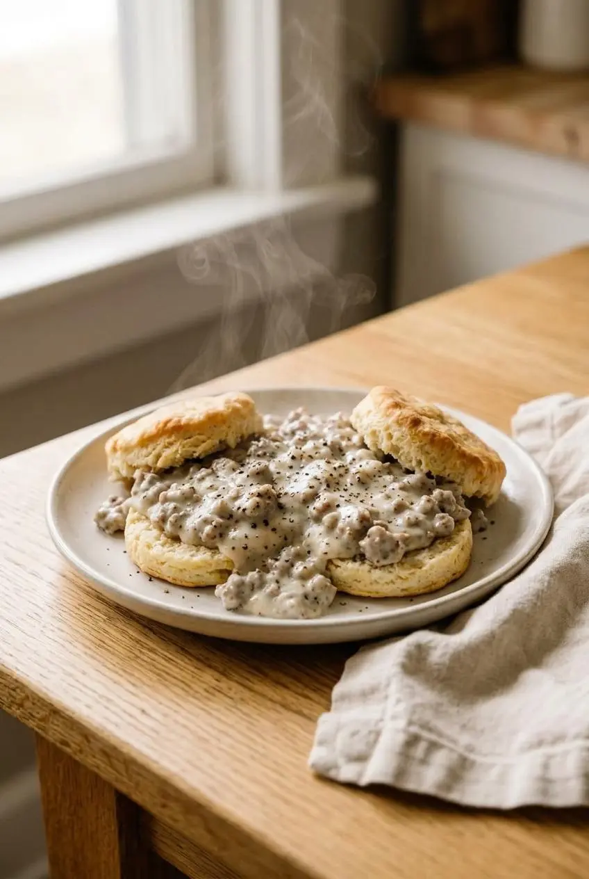 Flaky buttermilk biscuits split open and covered in hot, creamy pepper sausage gravy on a rustic white plate.