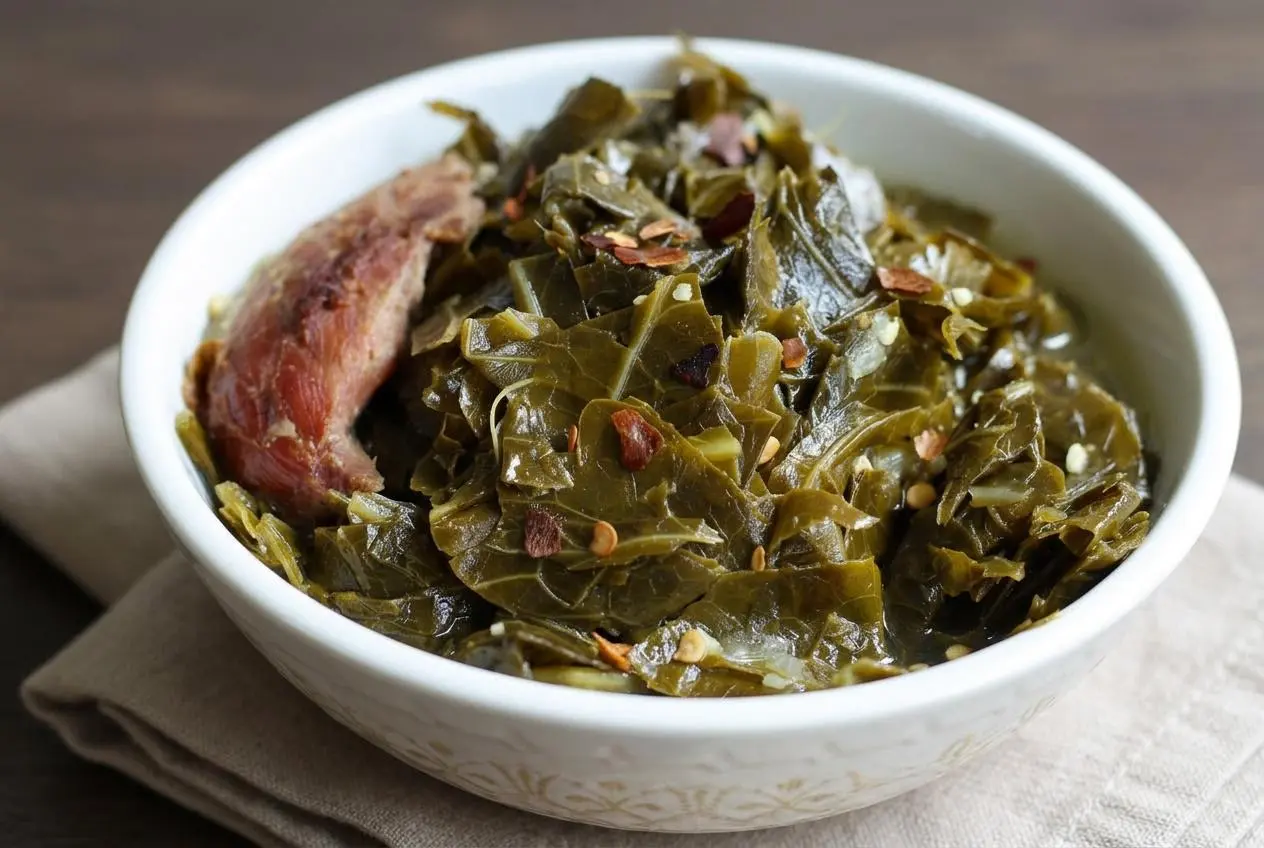 A bowl of tender collard greens recipe with shredded smoked turkey in a rich, savory broth.