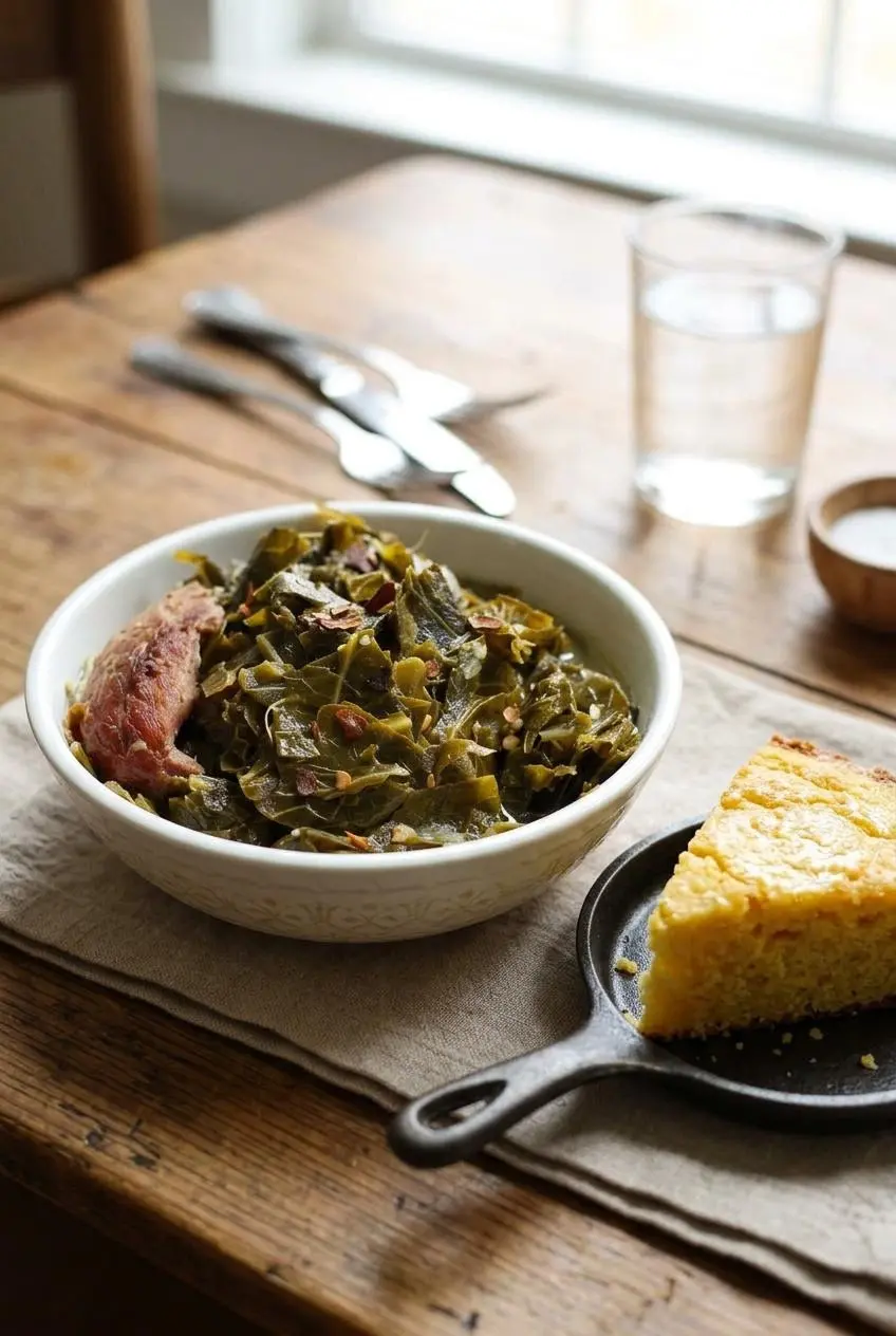 A white ceramic dish of Southern collard greens next to a golden wedge of skillet cornbread on a rustic wooden table.
