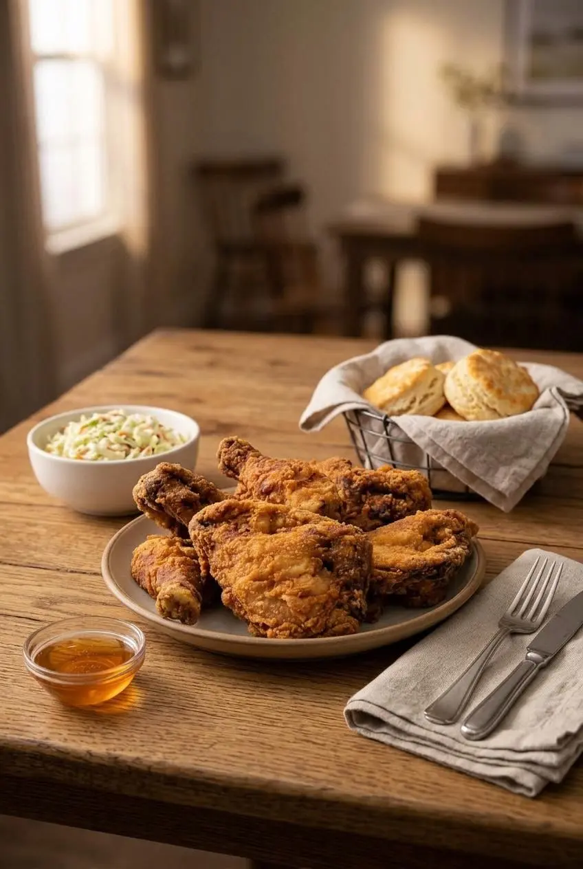 Platter of fried chicken on a dining table with buttermilk biscuits, coleslaw, and honey.