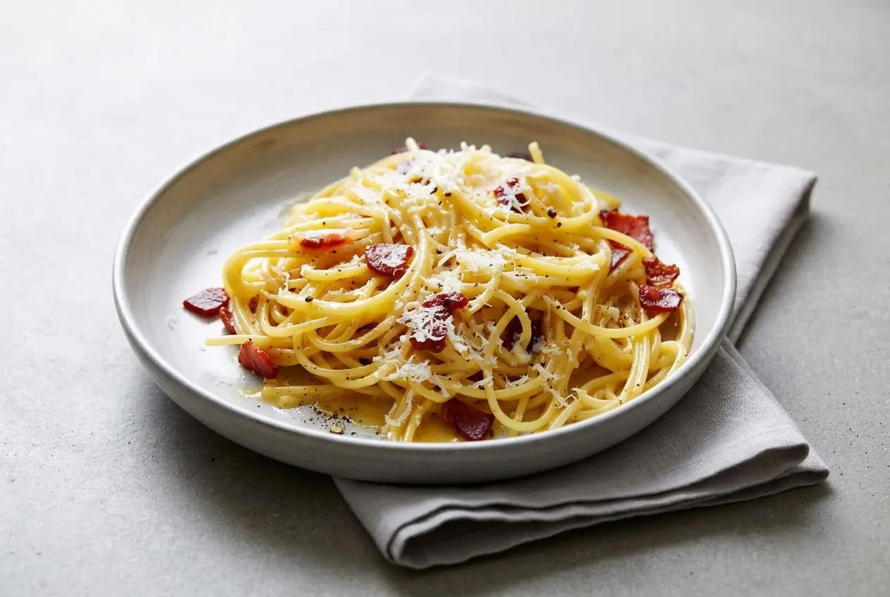 Spaghetti carbonara recipe with glossy egg sauce, crisp guanciale lardons, and freshly cracked black pepper.