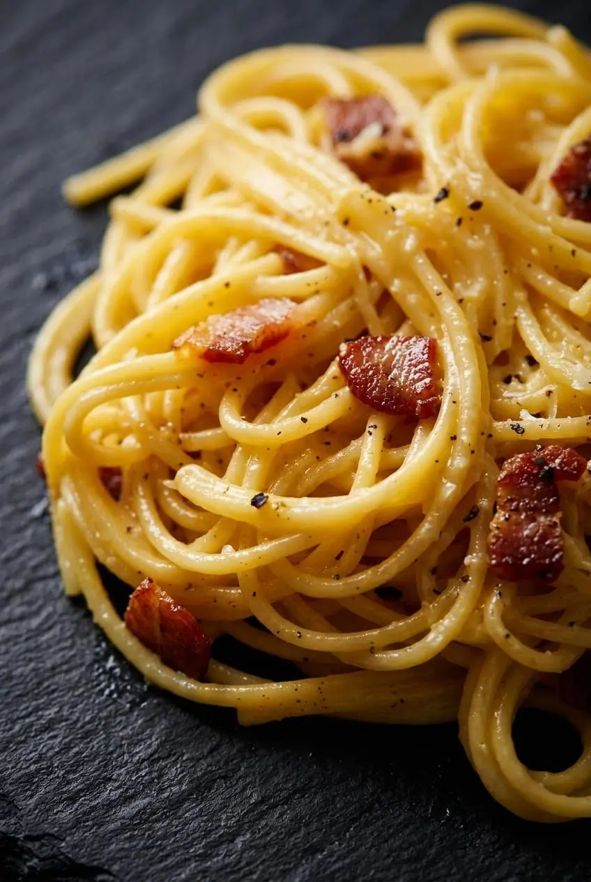 Macro close up of spaghetti coated in a rich egg yolk emulsion with crisp guanciale and cracked pepper.