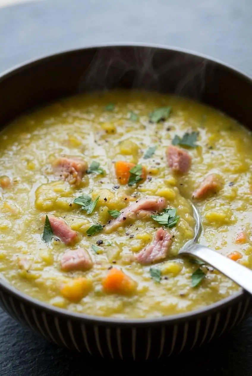 Close-up of a spoon lifting thick, creamy split pea soup with tender orange carrots and shredded ham.