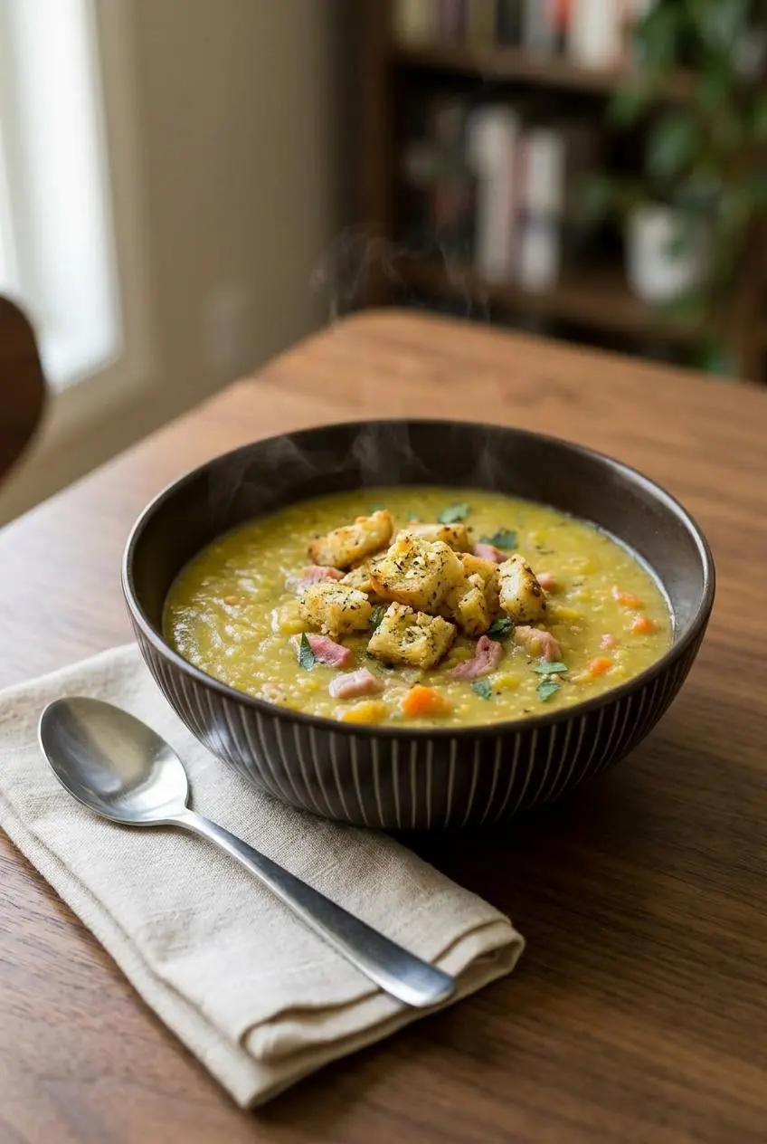 Cozy bowl of split pea soup topped with golden, crispy homemade garlic croutons and fresh parsley.