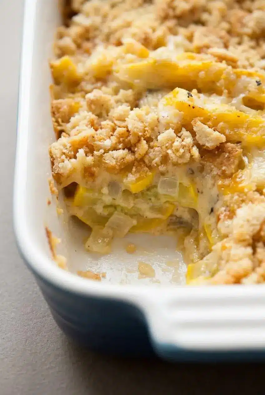 Close-up cross section of a thick baked squash casserole slice showing a creamy cheese filling with no liquid pooling.