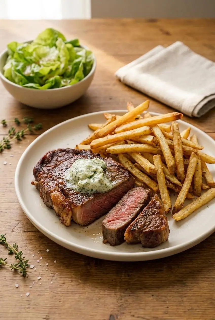 Plated steak frites with whipped lemon butter, russet fries, and a side butter lettuce salad.