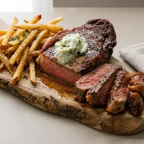 Steak frites platter with seared strip steak, melting herb butter, and crispy golden fries.