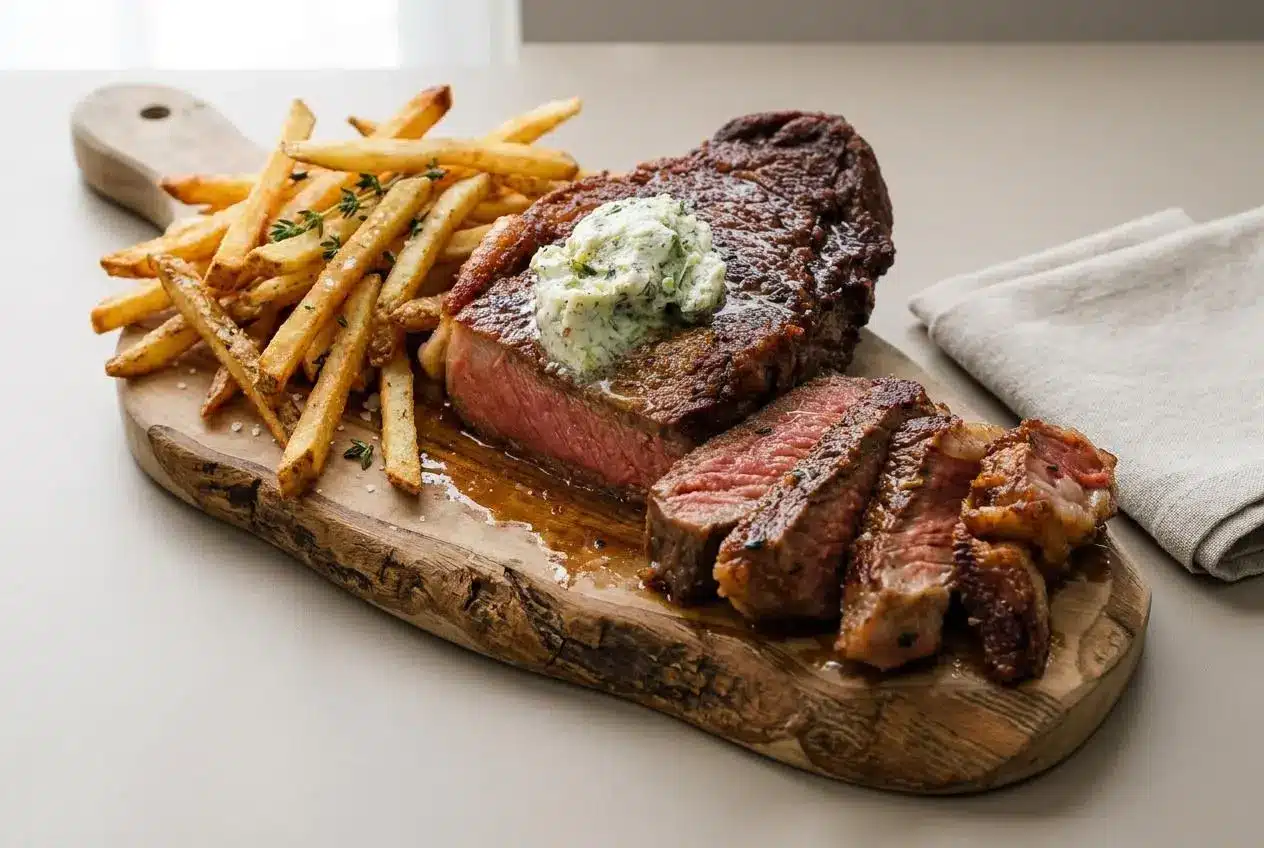 Steak frites platter with seared strip steak, melting herb butter, and crispy golden fries.