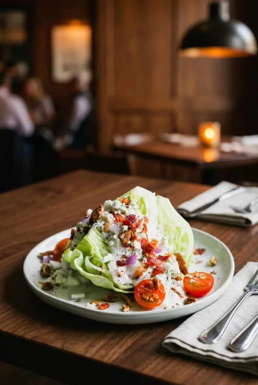 Fully assembled wedge salad served on a shallow plate atop a dark wood dining table.