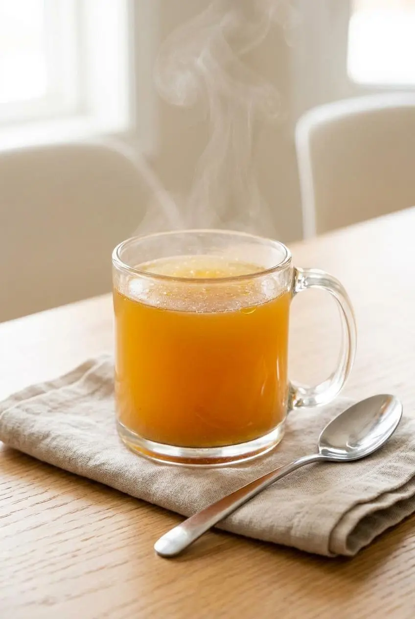 Warm golden bone broth steaming gently in a clear glass mug on a light oak table.