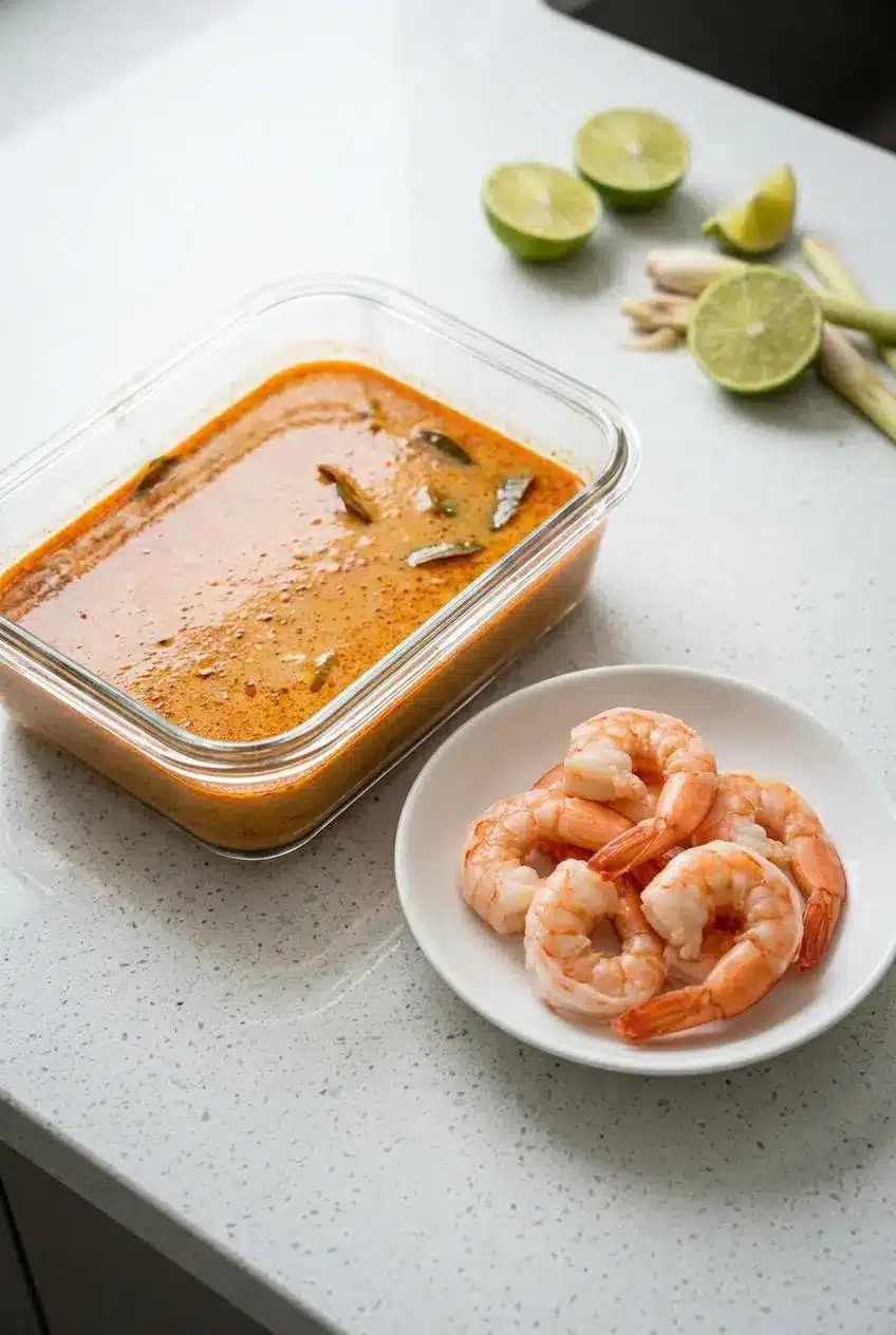 Cooked shrimp and strained tom yum broth stored in separate prep containers for gentle reheating.