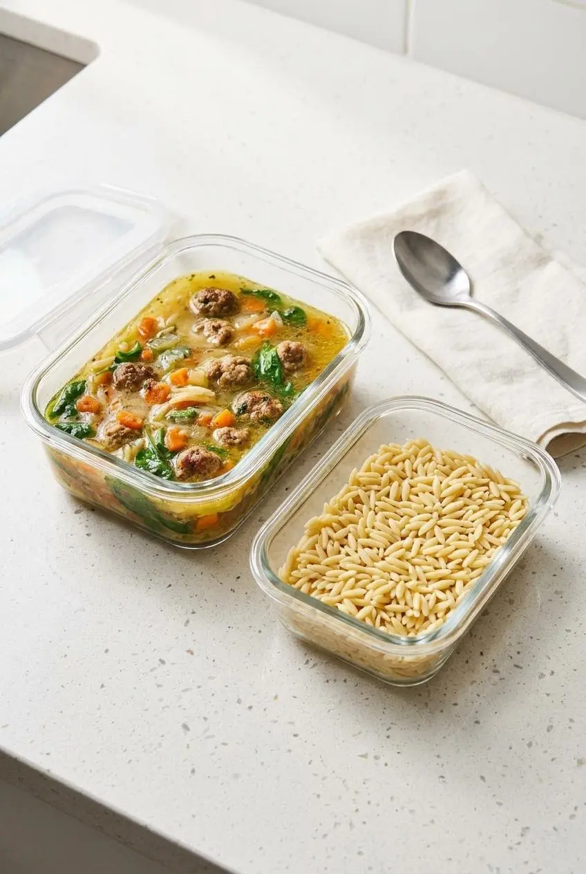 Glass meal prep containers storing Italian wedding soup broth and meatballs separately from the cooked pasta.