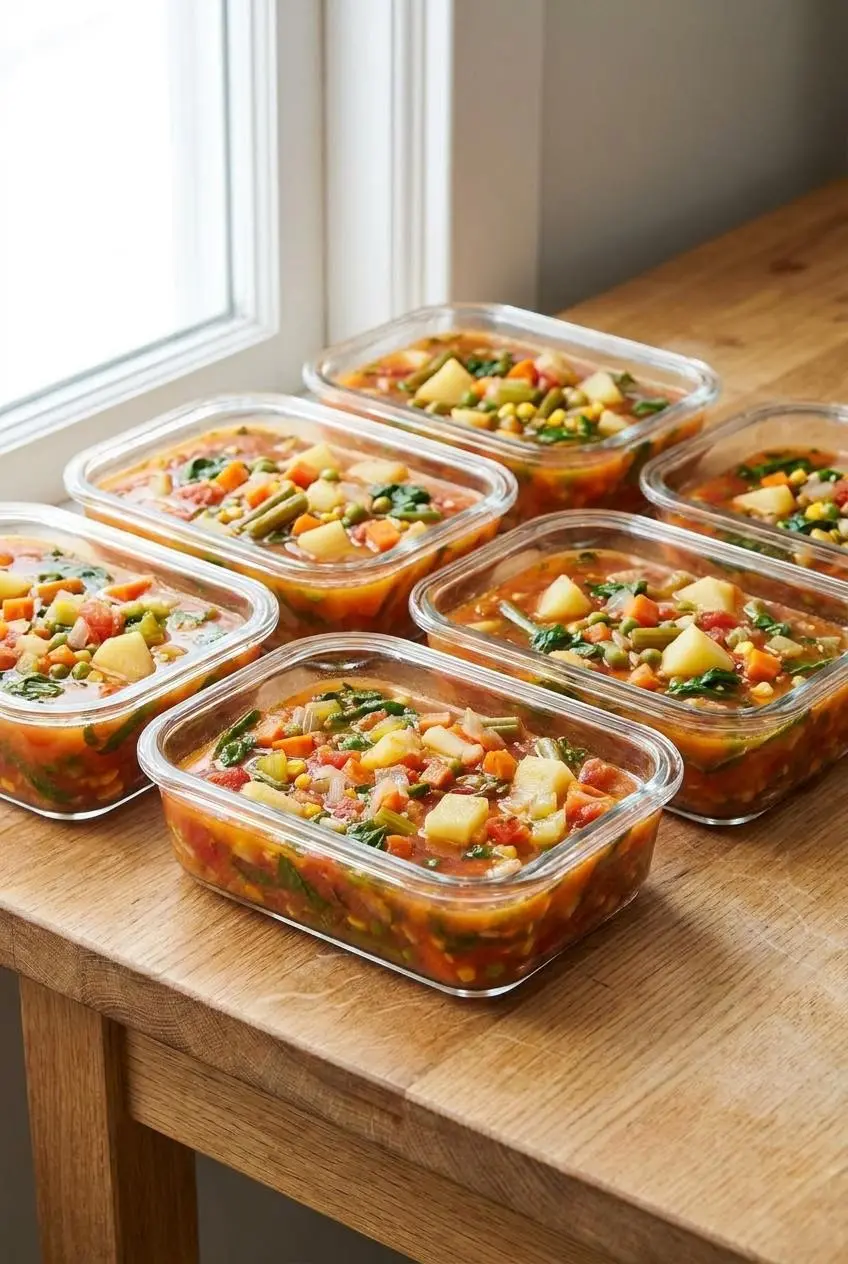 Portioned vegetable soup stored in clear glass airtight meal prep containers on a light wood kitchen counter.