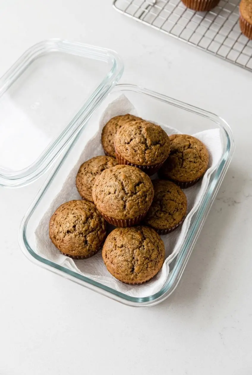 Cooled banana muffins placed in a single layer inside a paper towel lined glass container