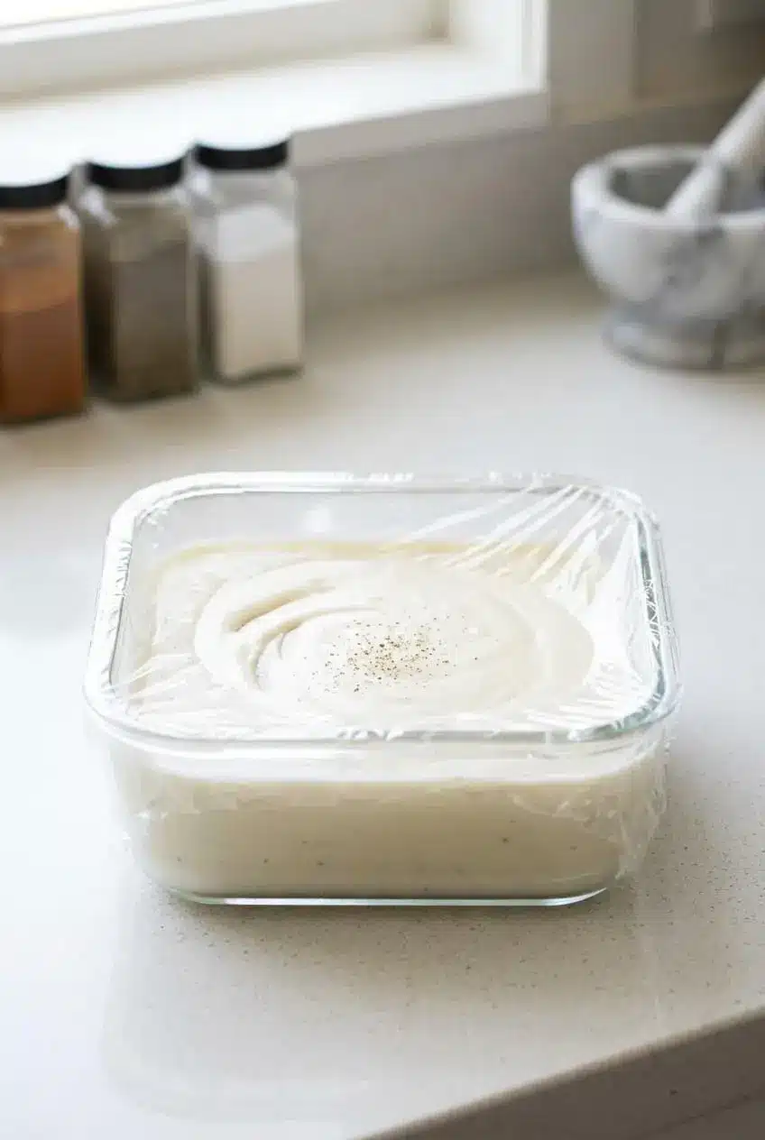 Clear glass storage container of white bechamel sauce with plastic wrap pressed directly onto its surface.