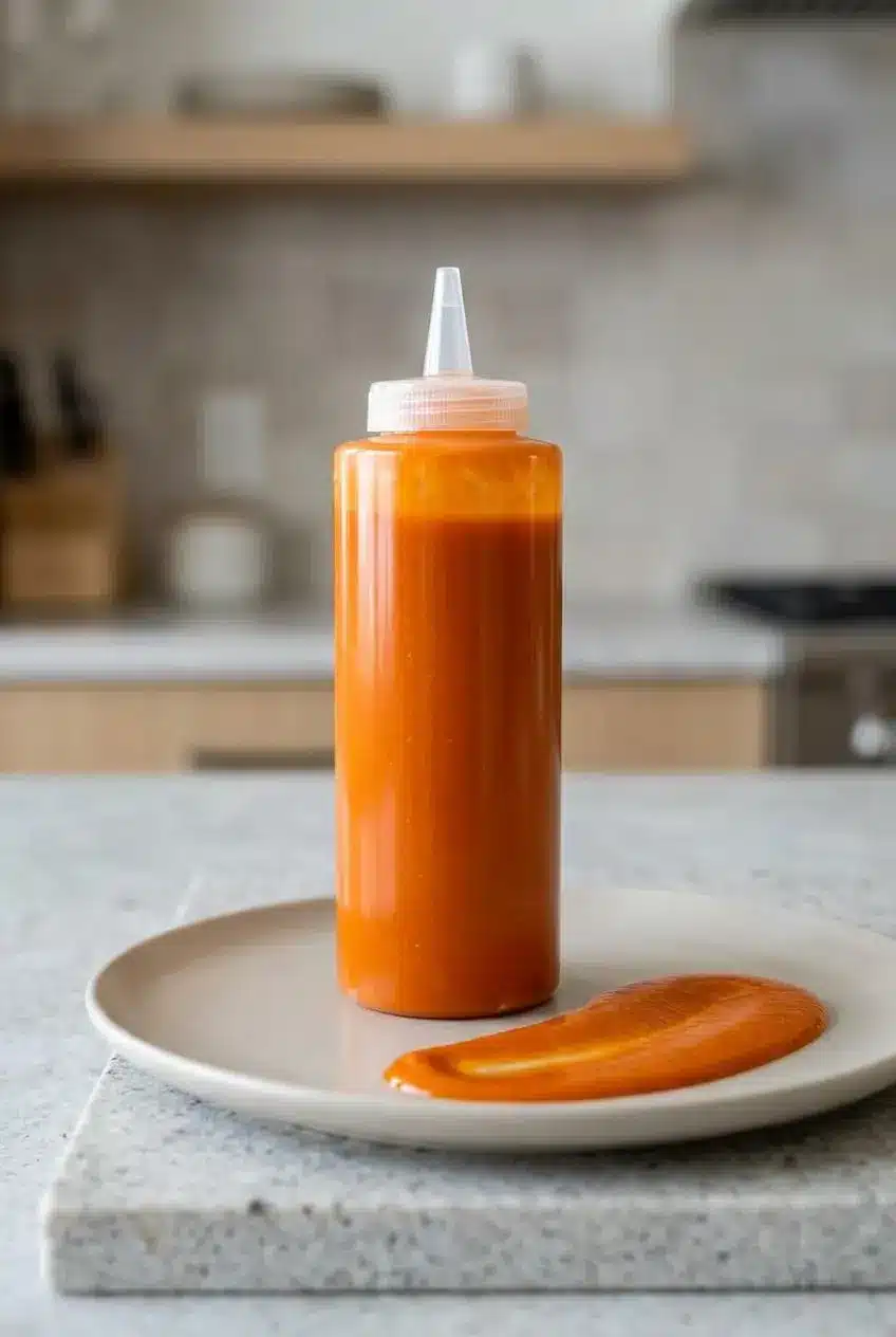 Squeeze bottle filled with smooth orange buffalo sauce next to a poured ribbon of sauce on a plate.