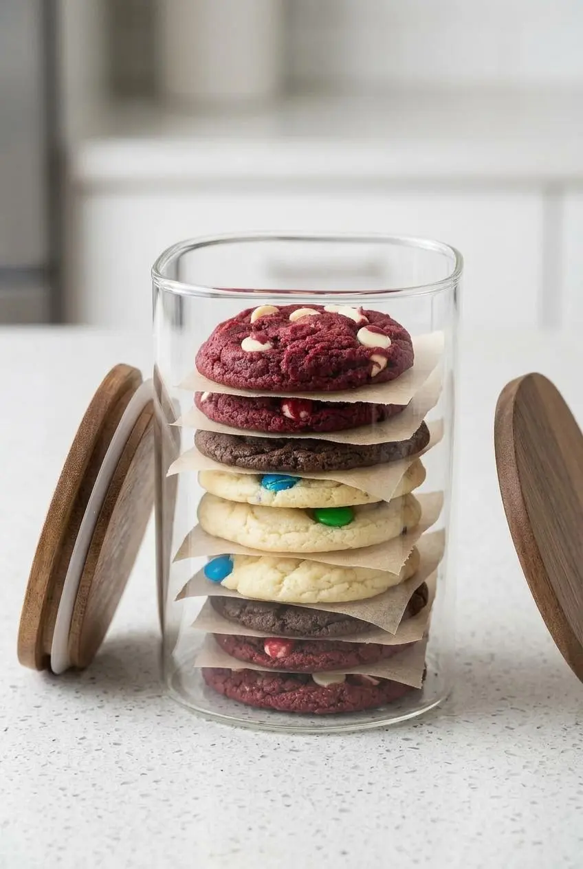 Stack of cake mix cookies separated by wax paper inside a clear glass airtight storage container