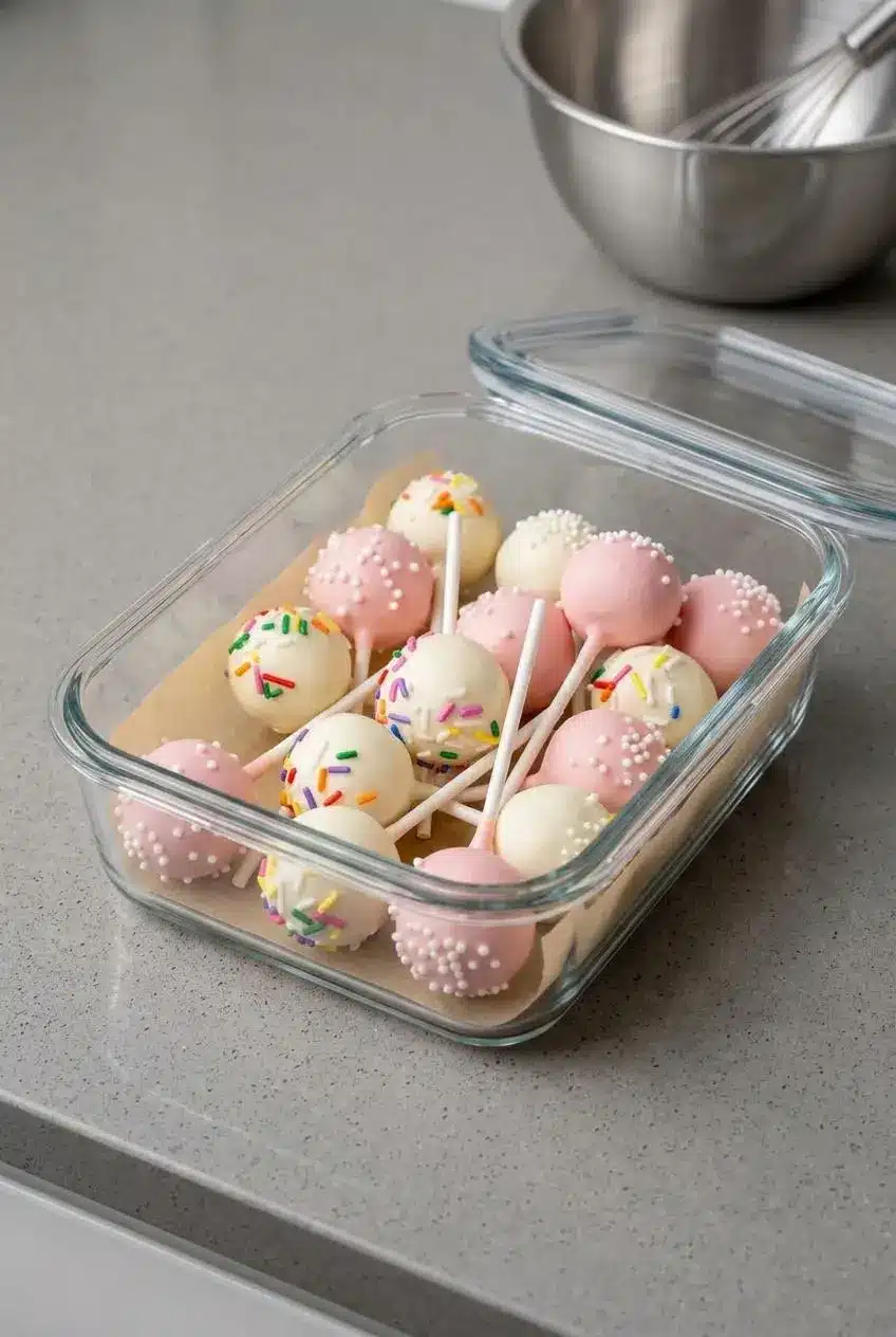 Finished vanilla cake pops arranged in a single layer inside a glass airtight storage container.