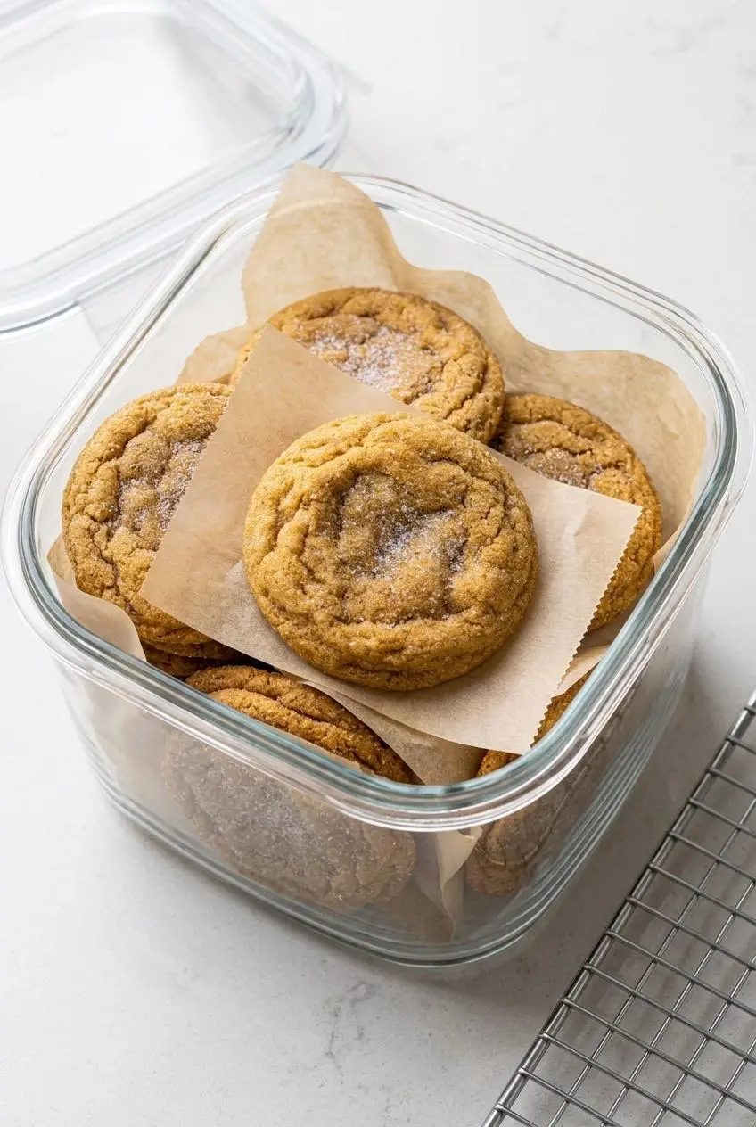Cooled pumpkin cookies layered between parchment paper in a glass storage container.