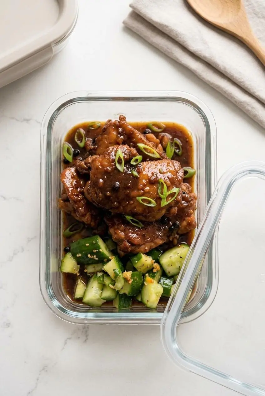 Cooked chicken adobo stored in a clear glass meal prep container ready for reheating.