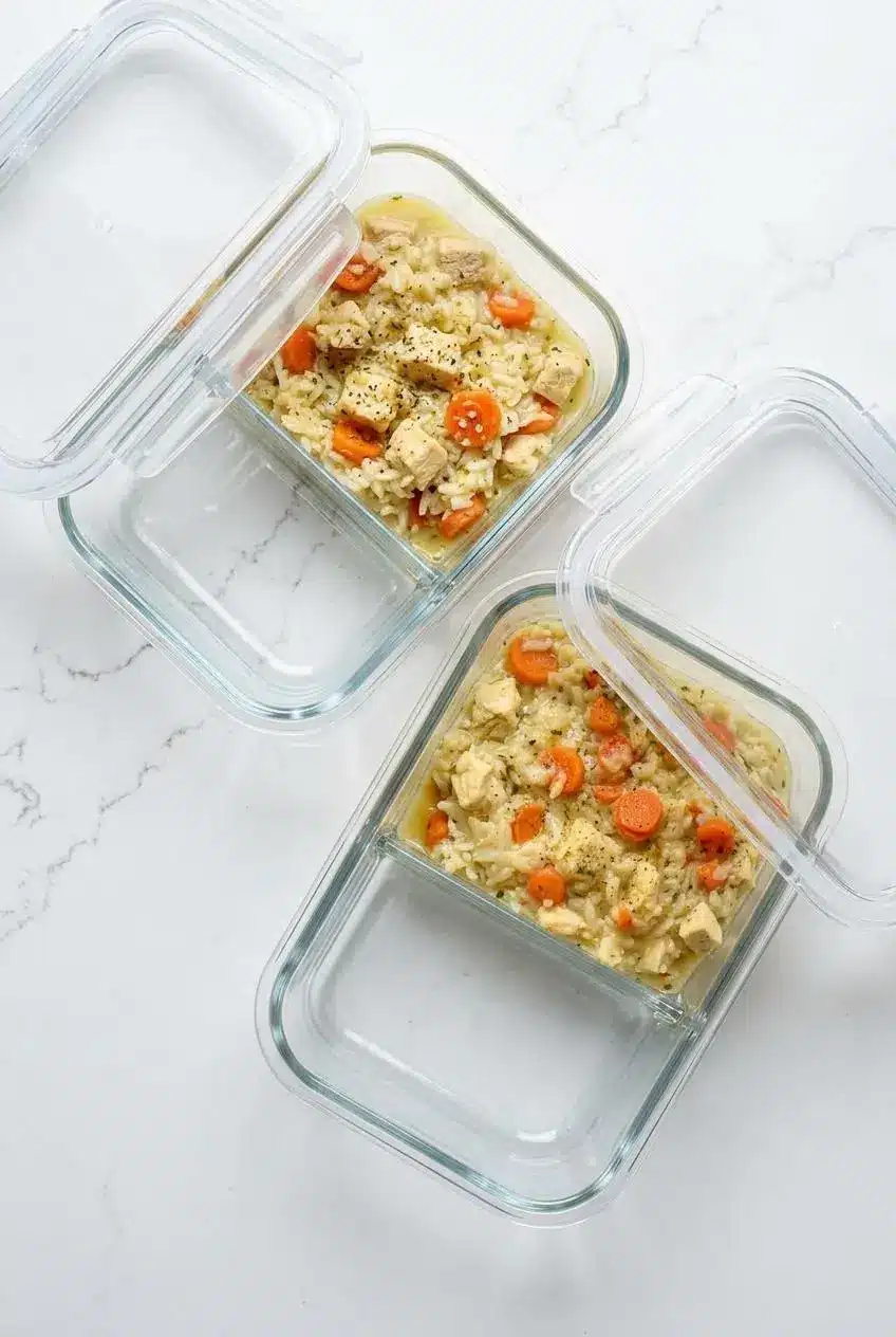 Cooked chicken and rice portioned in clear glass meal prep containers on a white kitchen counter.