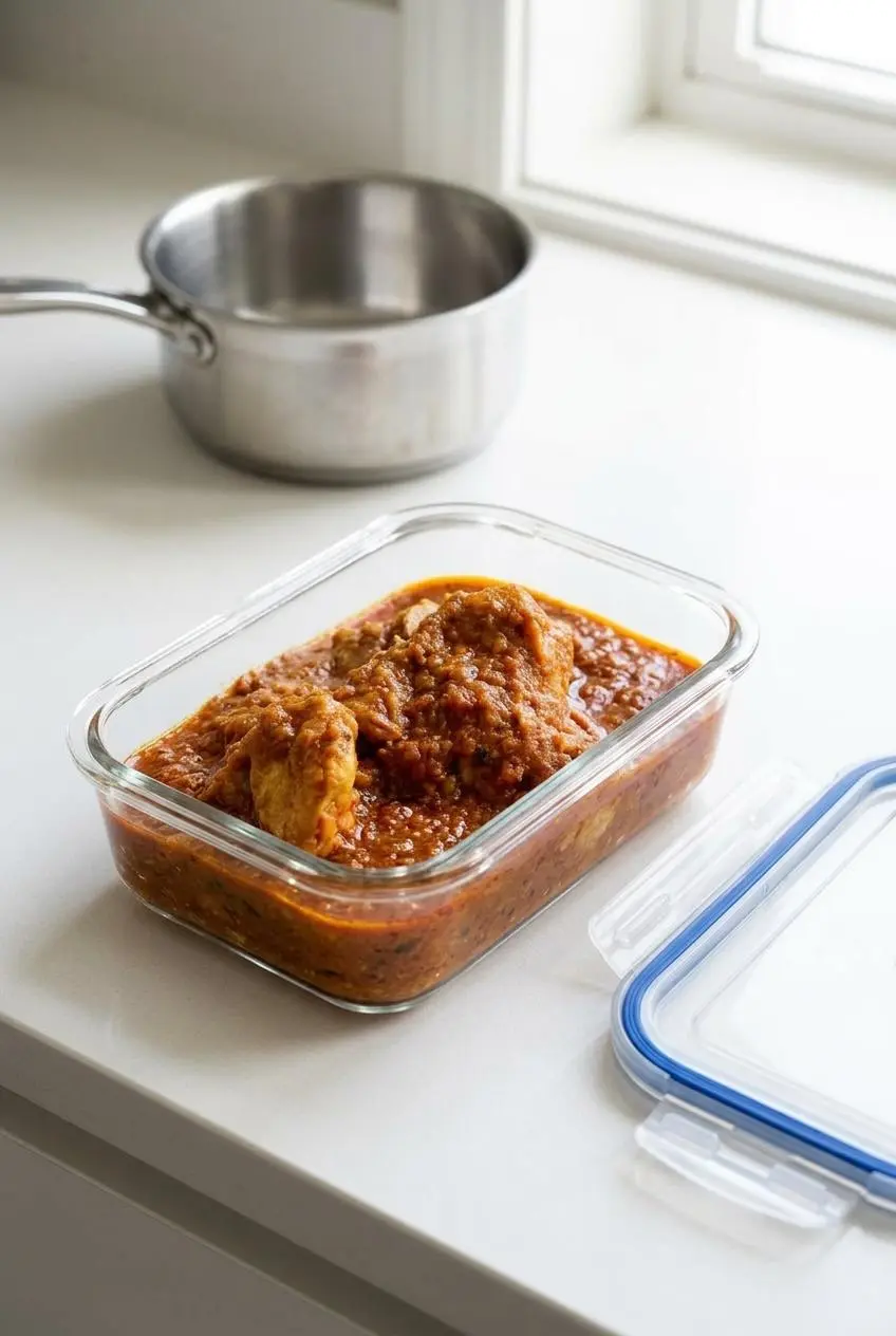 Cooked chicken curry in a clear glass storage container on a kitchen counter beside a reheating saucepan.