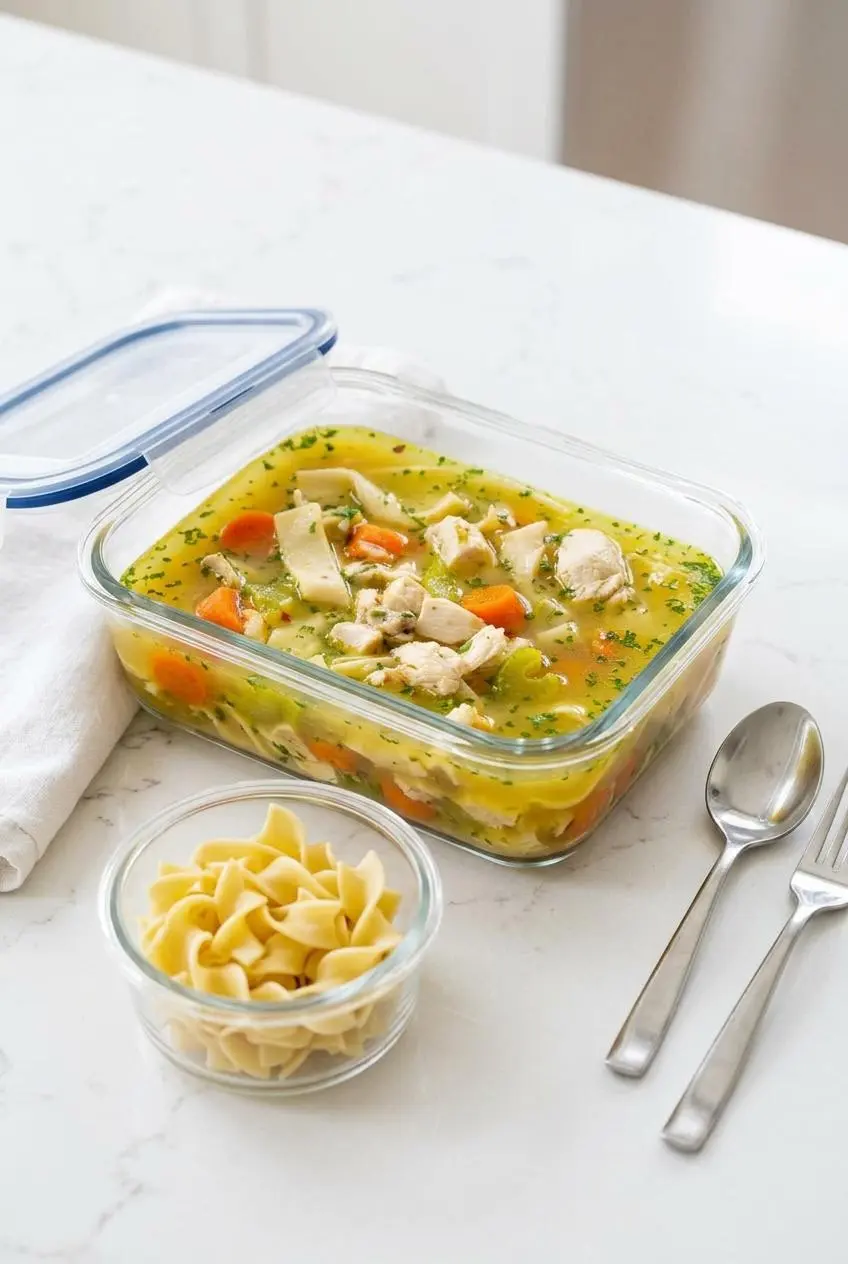 Chicken soup broth in a glass container stored separately from cooked egg noodles on a kitchen counter.