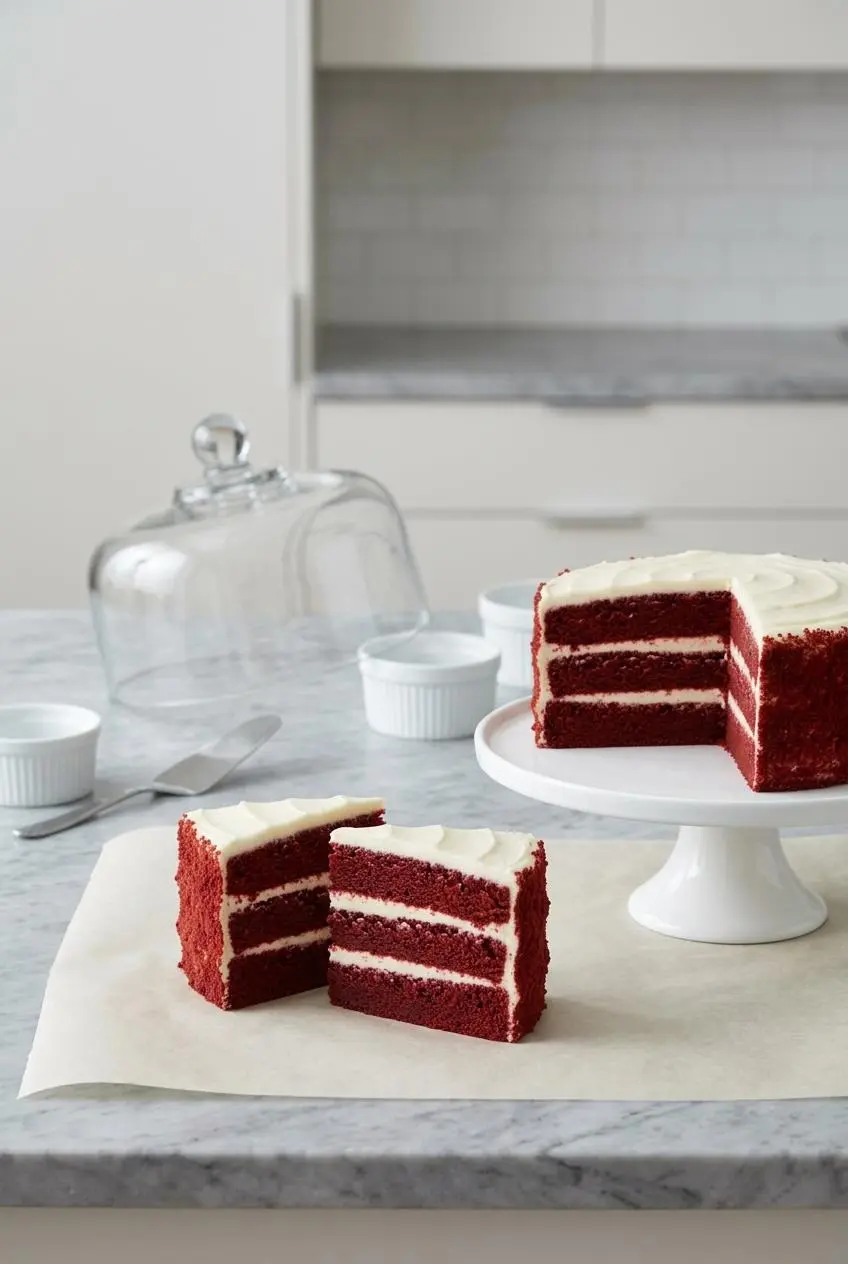 Chilled red velvet cake slices resting on parchment paper on a marble kitchen counter.