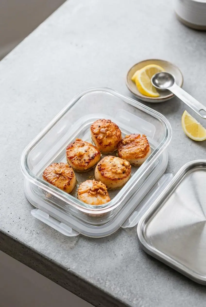 Cooked sea scallops stored neatly in an airtight glass container on a kitchen counter.