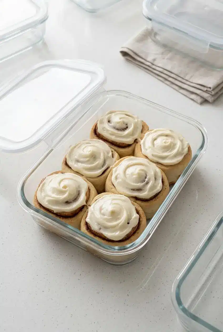 Frosted cinnamon rolls stored in a clear glass airtight meal prep container on a stone counter.