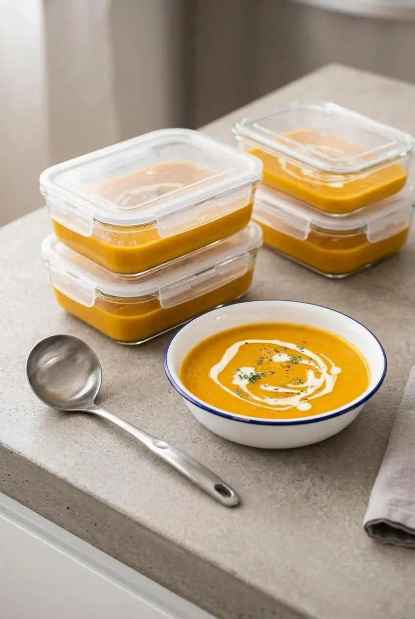 Clear glass airtight meal prep containers filled with portioned pumpkin soup ready for storage.