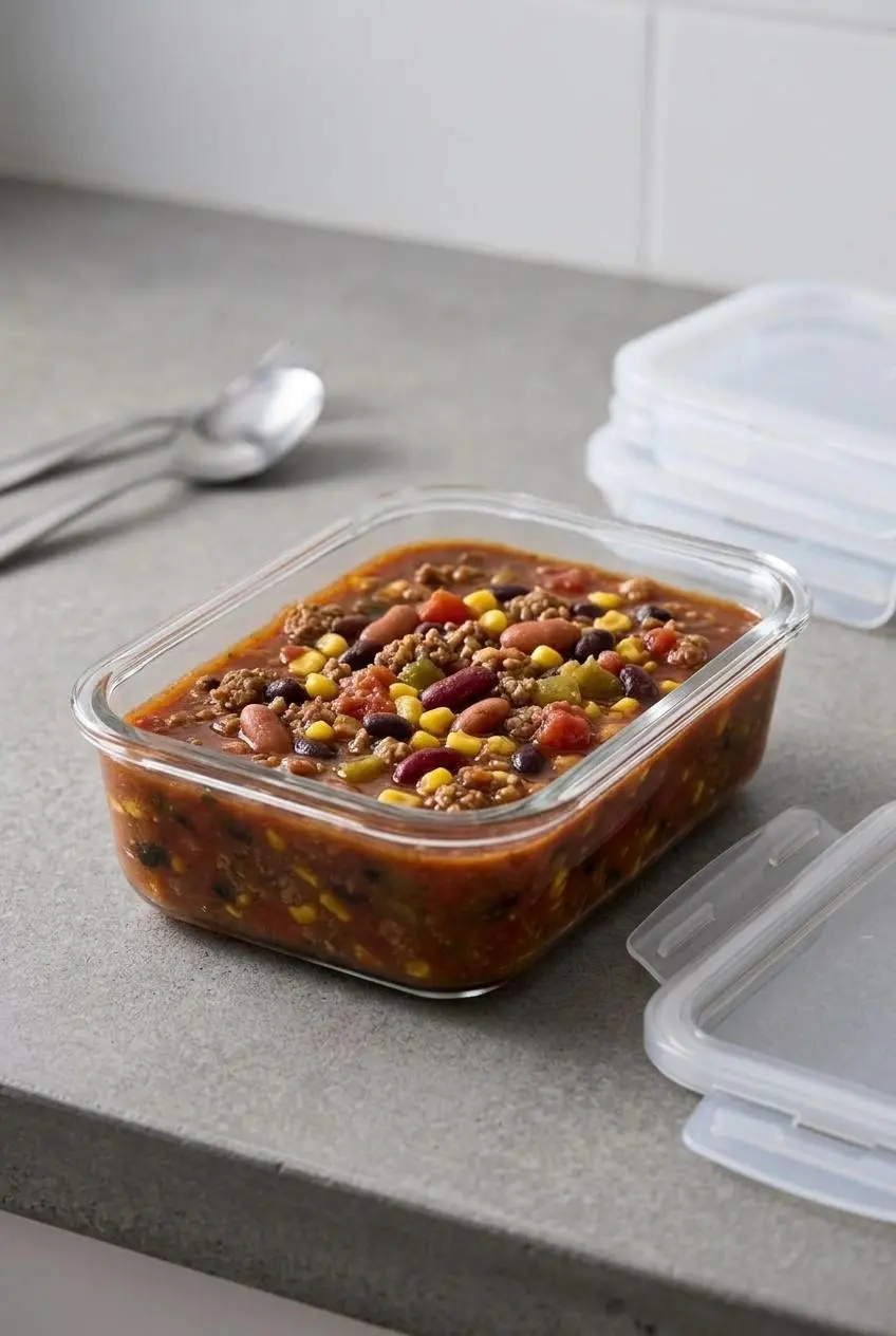 Cooled taco soup portioned inside a clear glass airtight storage container on a kitchen countertop.