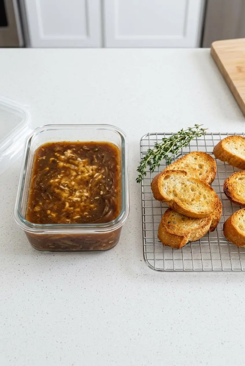 Caramelized onion soup broth stored in a glass container alongside toasted baguette slices on a wire rack.