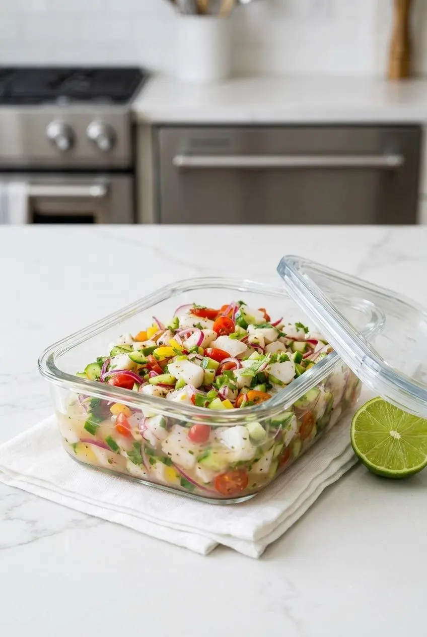 Chilled ceviche stored in an airtight glass container on a clean countertop for fresh storage.
