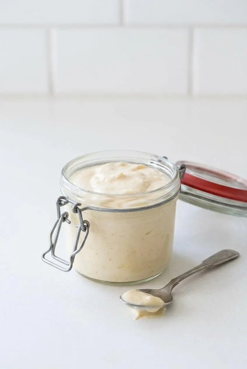 Chilled homemade aioli kept fresh inside a sealed glass storage jar with a vintage metal spoon.