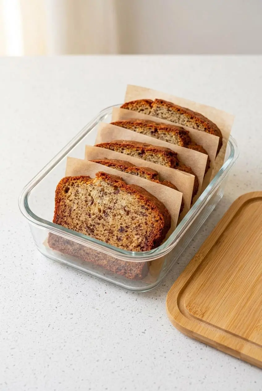 Gluten free banana bread slices separated by parchment paper inside a glass storage container.