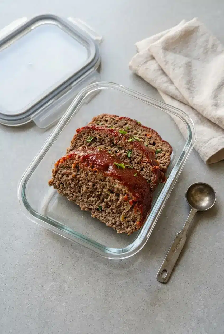 Chilled cooked ground beef meatloaf slices stored neatly inside a glass meal prep container.