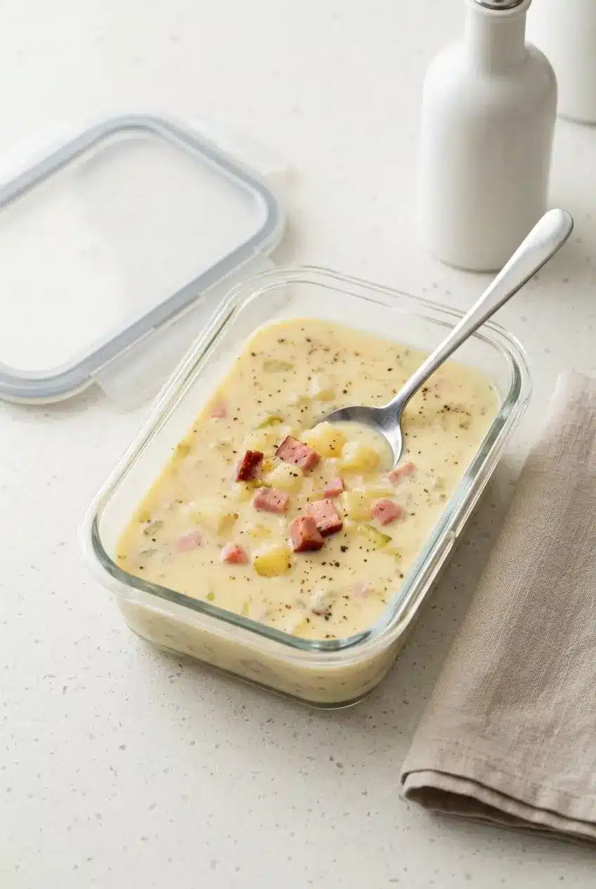 Ham and potato soup portioned into a rectangular glass meal prep container for refrigerator storage.