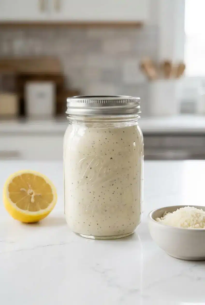 Homemade Caesar dressing stored in a sealed glass mason jar on a clean counter next to a fresh lemon.